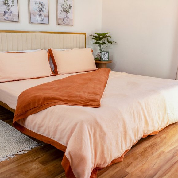 Sweet Palms-100% French Linen European Style Duvet Cover Set (Orange,Queen Size) - Picture 2 of 7